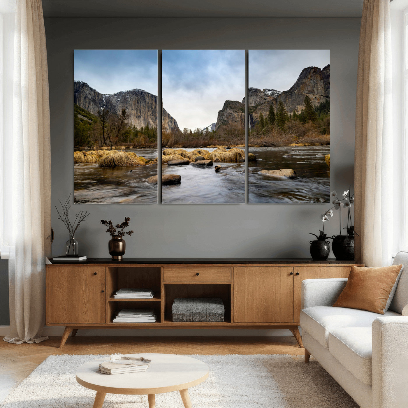 20458404-MGV-CV-36X24 - Yosemite Valley Mountain Landscape Wall Art Canvas Print, Granite Cliff Forest Valley Canvas Print, California National Park Scenic Art Printing