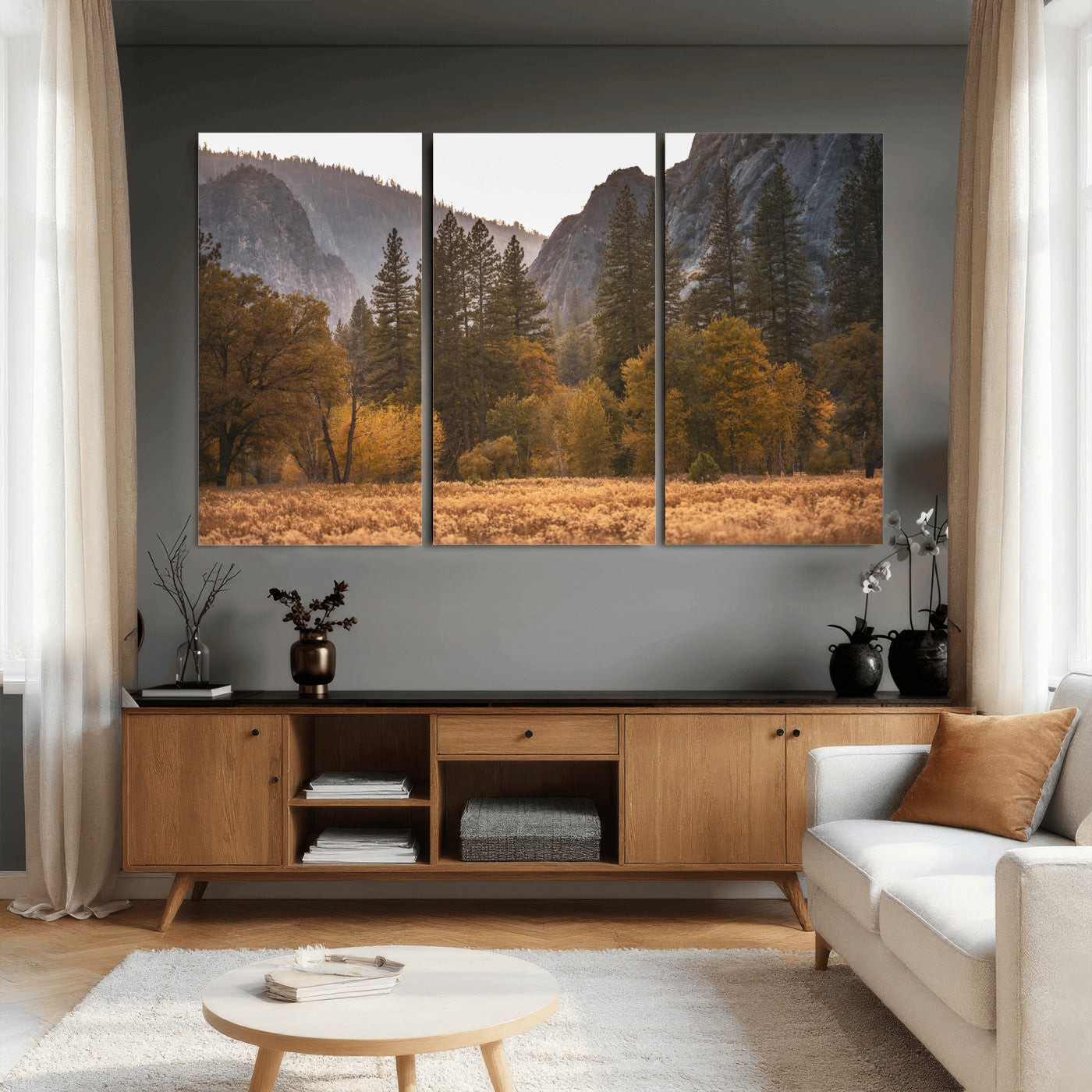 61682763-MGV-CV-36X24 - Yosemite Valley Autumn Forest Landscape Wall Art Canvas Print, Granite Mountain Pine Trees Canvas Print, California National Park Fall Scenic Art Printing