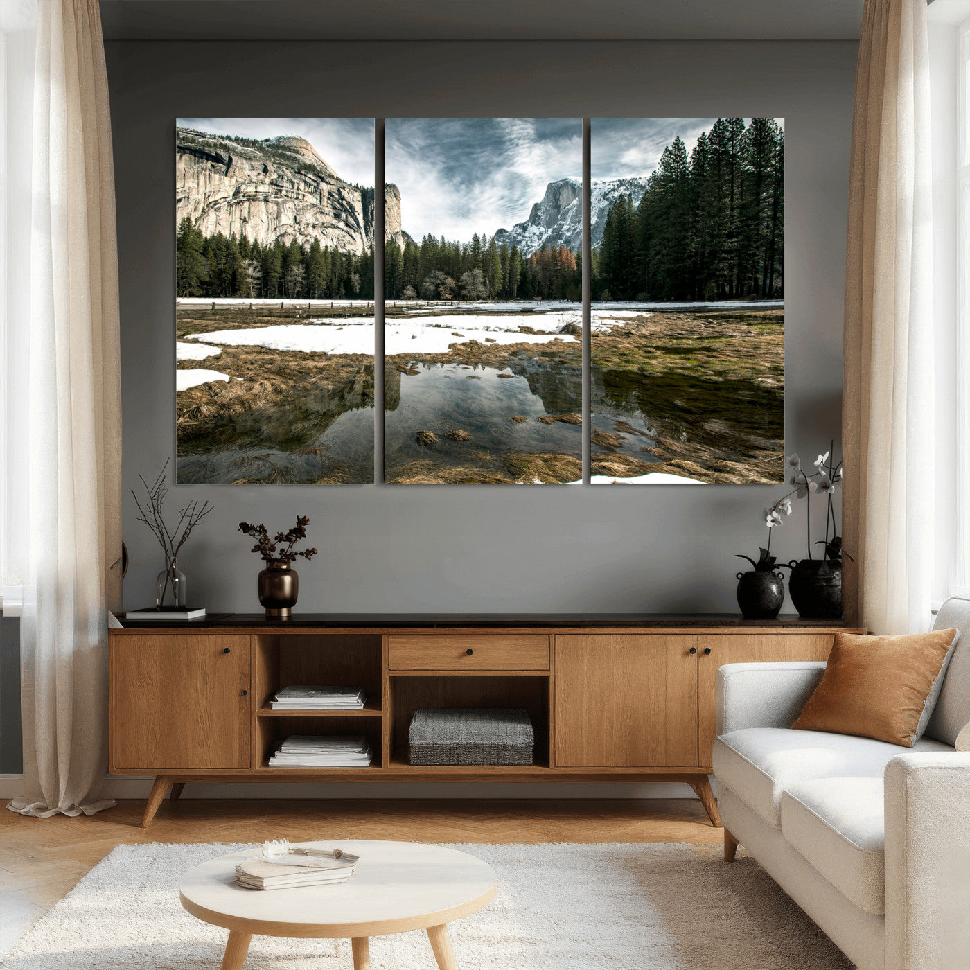 14527348-MGV-CV-36X24 - Yosemite Valley Mountain Landscape Wall Art Canvas Print, Granite Cliff Forest Valley Canvas Print, California National Park Scenic Art Printing