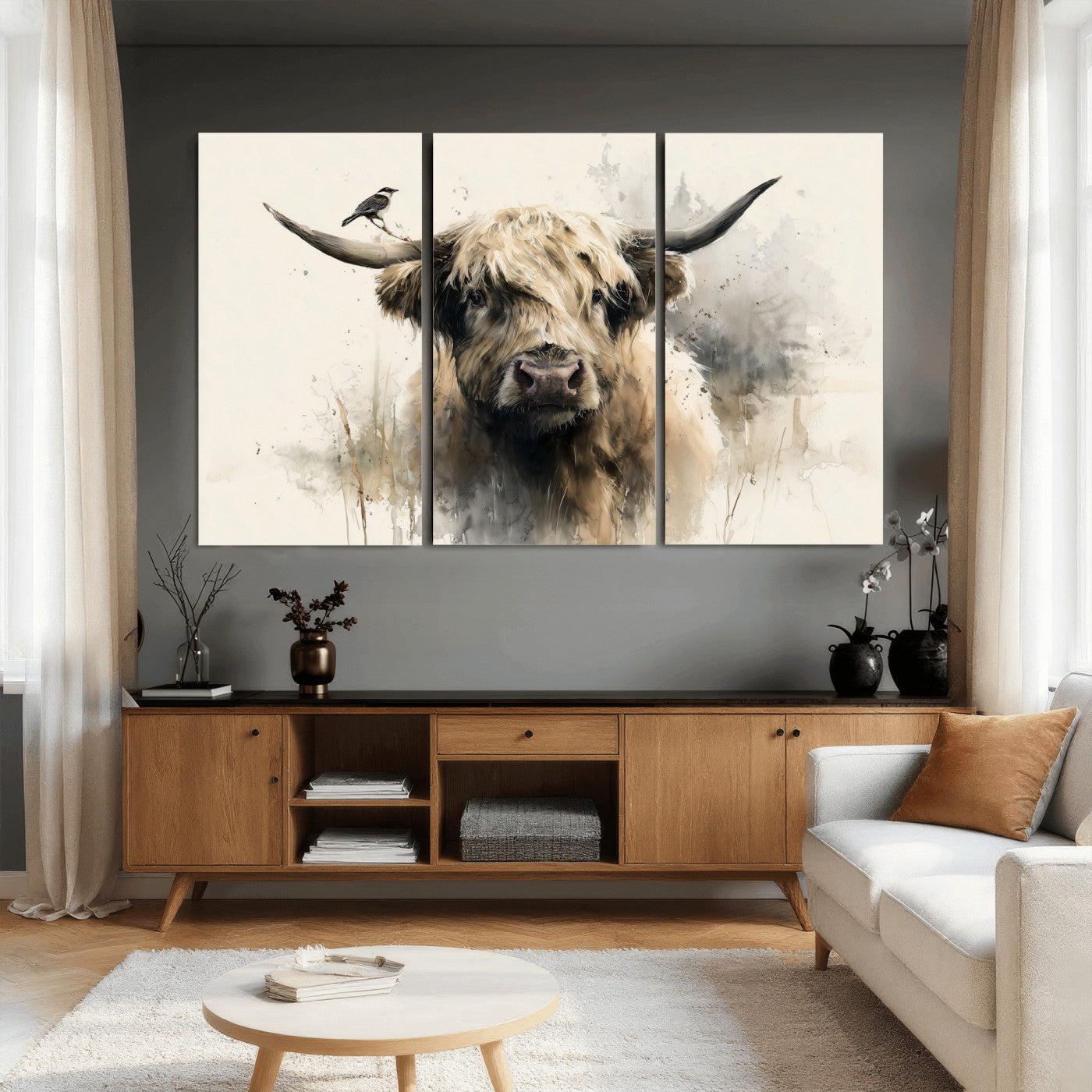 98249290-MGV-CV-36X24 - Abstract Highland Cow Watercolor Animal Wall Art Canvas Print, Rustic Farm Cattle Portrait Canvas Print, Neutral Wildlife Farmhouse Art Printing