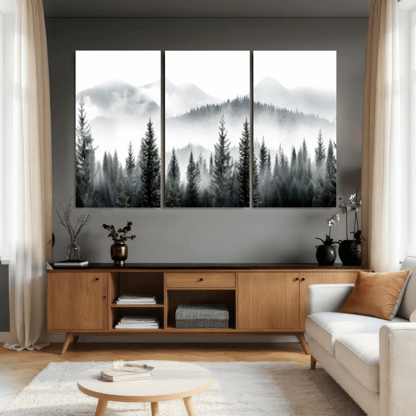 38819032-MGV-CV-36X24 - Misty Pine Forest Mountain Landscape Wall Art Canvas Print, Foggy Evergreen Trees Minimal Nature Canvas Print, Monochrome Wilderness Scenic Art Printing