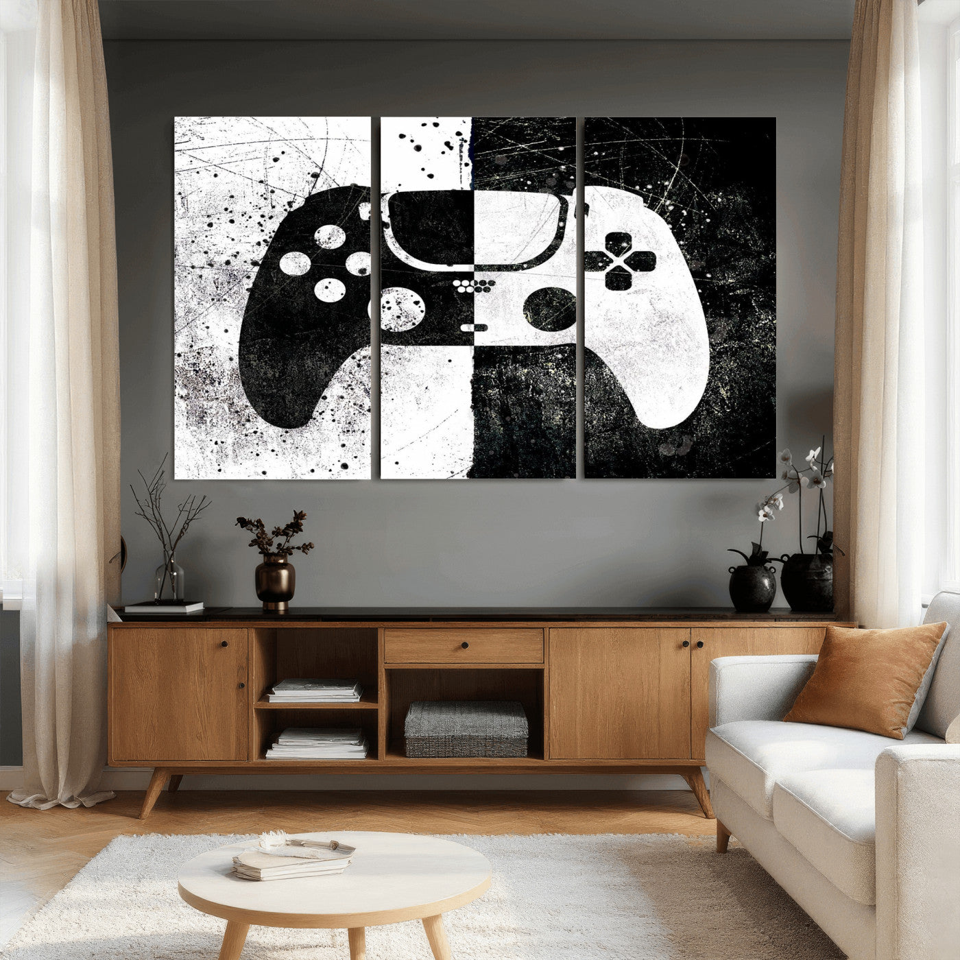 17525128-MGV-CV-36X24 - Abstract Gaming Controller Wall Art Canvas Print, Black White Video Game Controller Modern Canvas Print, Minimal Gamer Graphic Art Printing