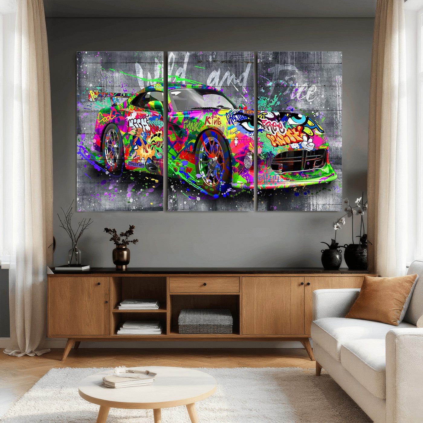 95314968-MGV-CV-36X24 - Graffiti Sports Car Street Art Wall Art Canvas Print, Colorful Urban Supercar Pop Art Canvas Print, Modern Graffiti Car Contemporary Art Printing