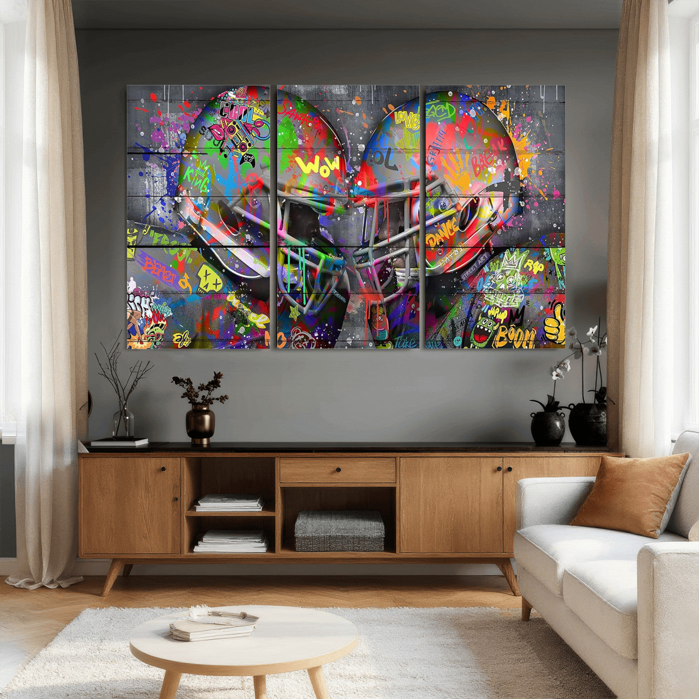 15309853-MGV-CV-36X24 - Graffiti Football Helmets Wall Art Canvas Print, Urban Street Art Sports Decor, Colorful American Football Graffiti Artwork
