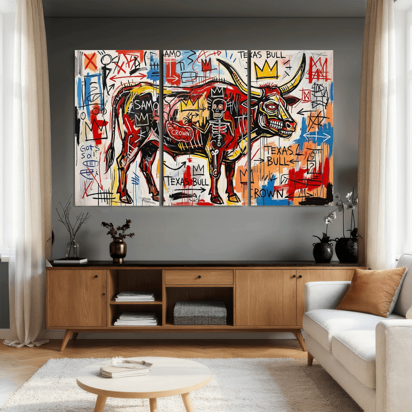 89504579-MGV-CV-36X24 - TITLE: Texas Bull Wall Art Canvas Print, Abstract Graffiti Bull Painting, Western Animal Art, Modern Ranch Decor