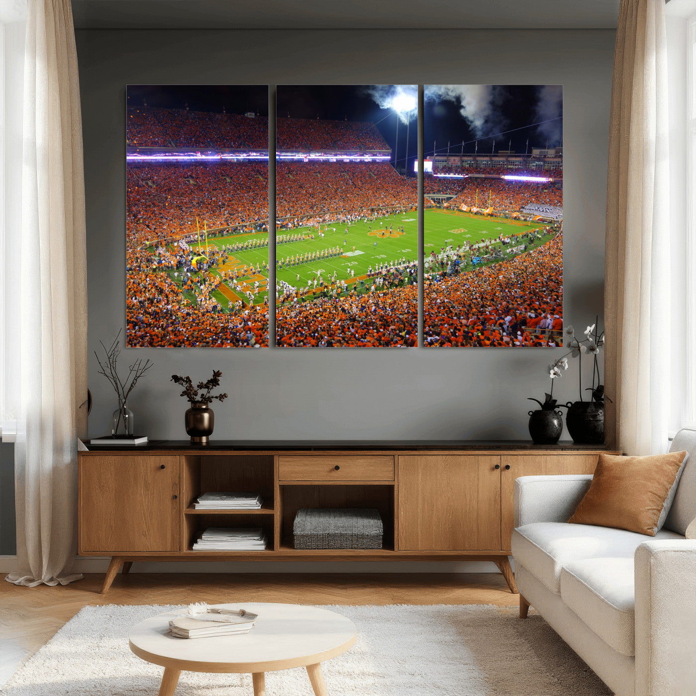 43662631-MGV-CV-36X24 - Clemson Football Stadium Wall Art Canvas Print, College Football Crowd Night Game Scene, Orange Stadium Panorama Wall Decor