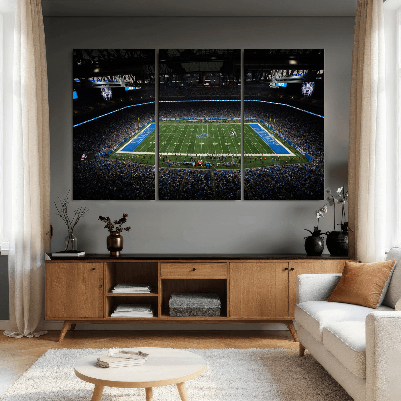 16709602-MGV-CV-36X24 - Detroit Lions Stadium Wall Art Canvas Print, Football Field Panorama Artwork, NFL Game Night Stadium Decor