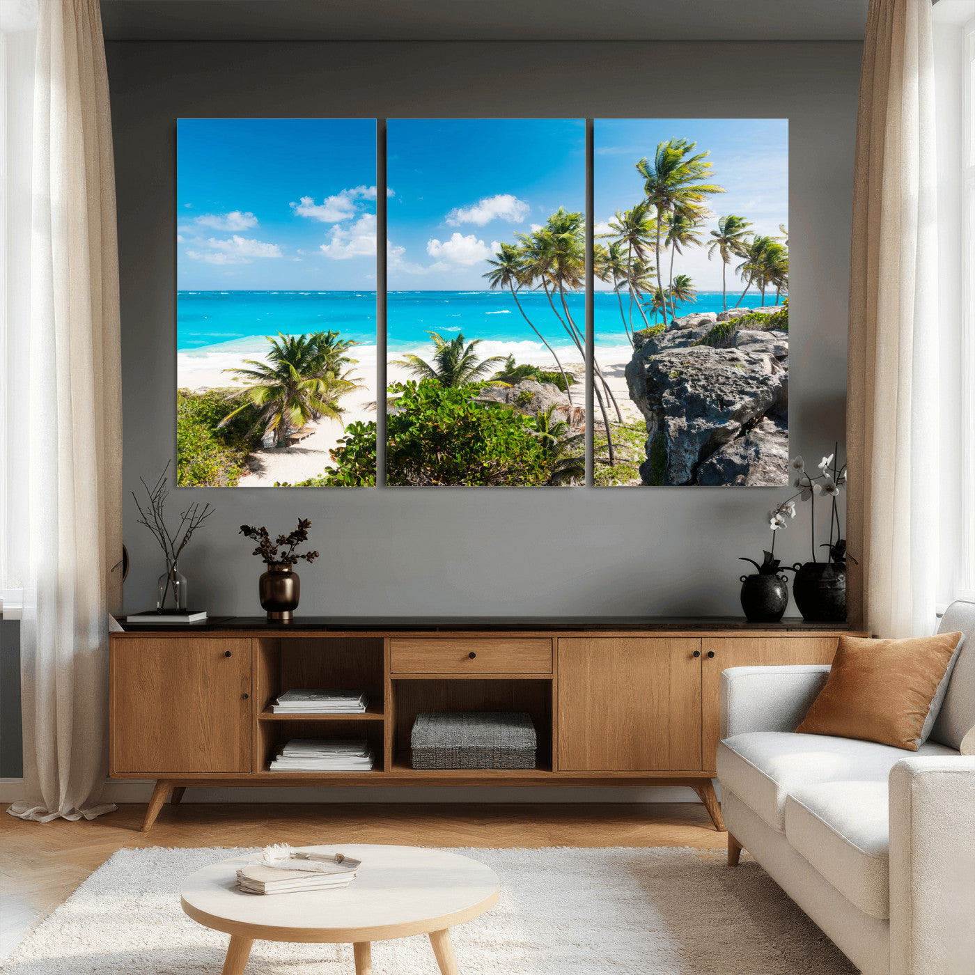 98605610-MGV-CV-36X24 - Tropical Beach Wall Art Canvas Print, Palm Tree Ocean Landscape Photography, Caribbean Coastal Artwork