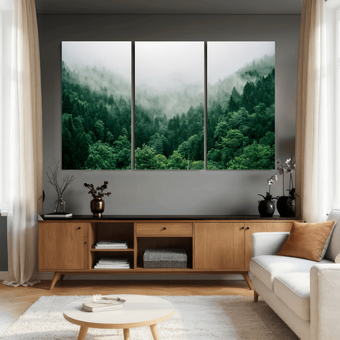 61640815-MGV-CV-36X24 - Misty Pine Forest Wall Art Canvas Print, Foggy Evergreen Landscape Wall Decor, Moody Green Nature Artwork, Minimal Forest Canvas Wall Art, Framed Canvas Wall Art Ready to Hang