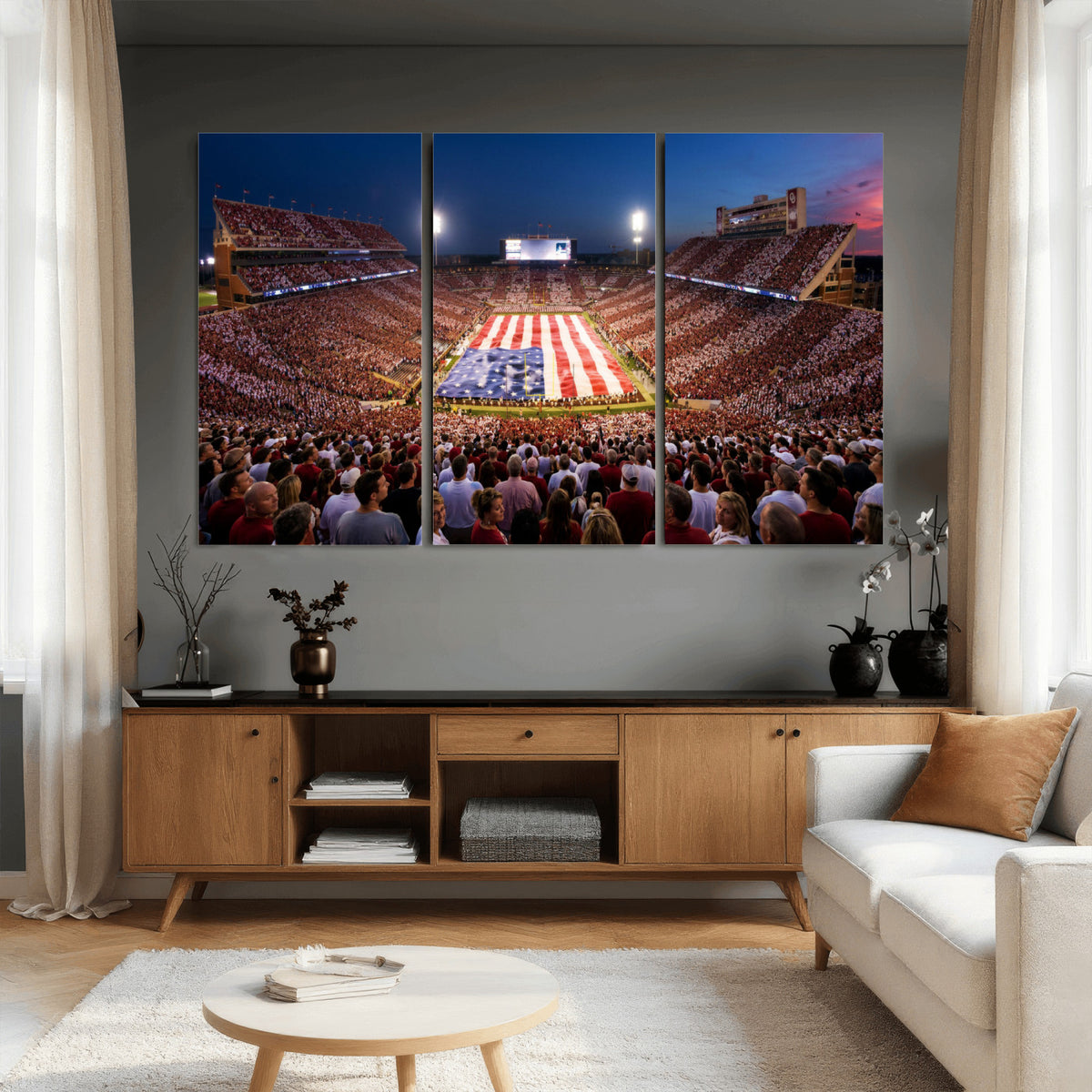 59917418-MGV-CV-36X24 - Oklahoma Memorial Stadium Wall Art Canvas Print – Oklahoma Sooners Football Artwork for Home, Office, and Sports Room Decor