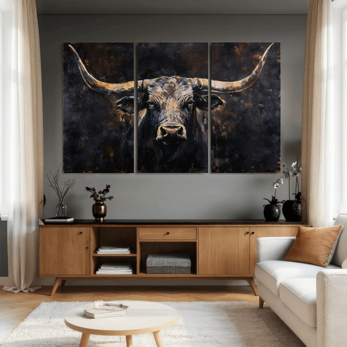 17622011-MGV-CV-36X24 - Abstract Longhorn Bull Wall Art Canvas Print – Dark Rustic Western Cattle Artwork for Farmhouse, Ranch, Cabin, and Office Decor