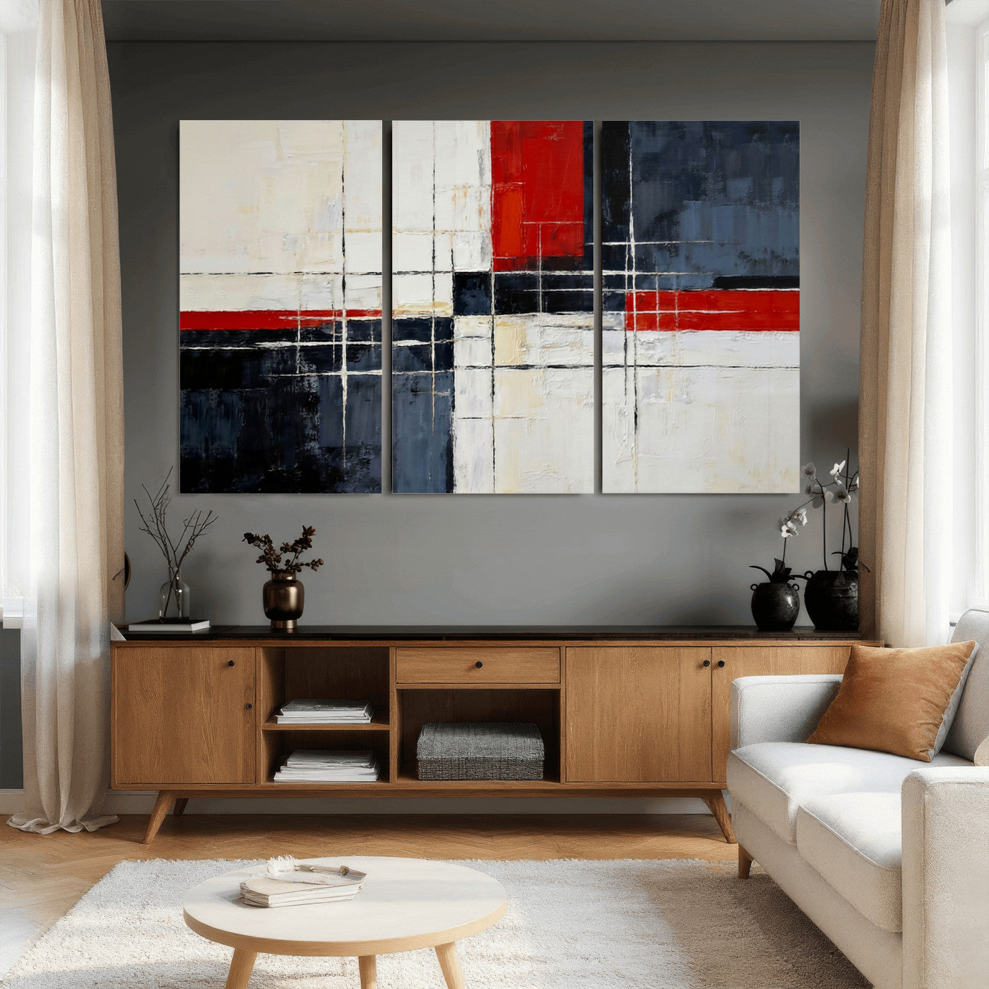 44088165-MGV-CV-36X24 - Navy Red Abstract Wall Art Canvas Print, Modern Luxury Geometric Painting Wall Decor for Living Room and Office