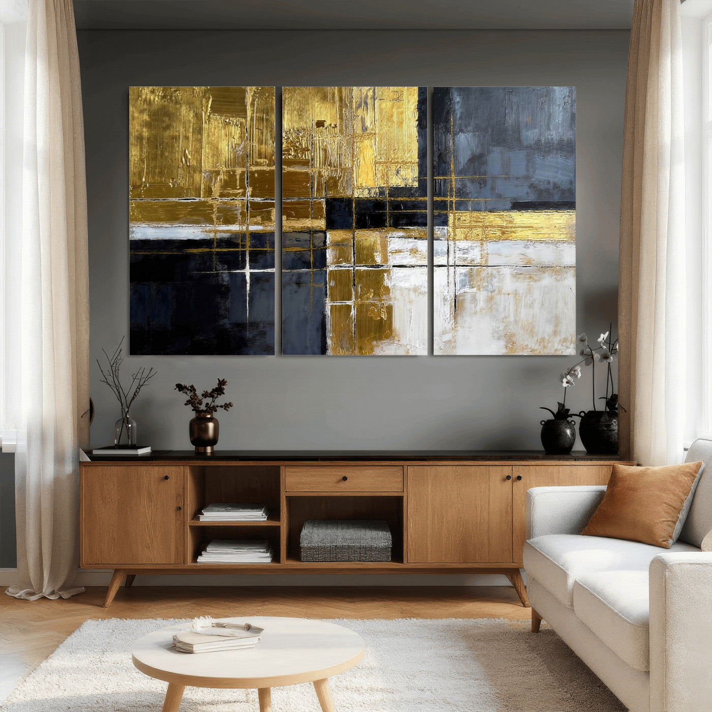 76917030-MGV-CV-36X24 - Gold Navy Abstract Wall Art Canvas Print, Modern Luxury Geometric Painting Wall Decor for Living Room and Office