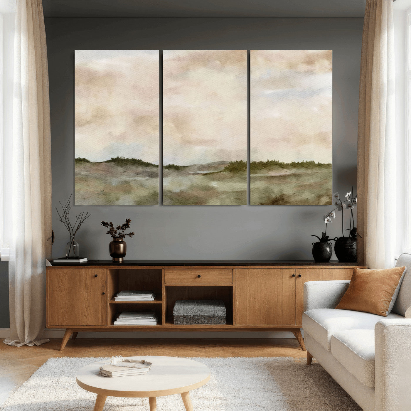 13578069-MGV-CV-36X24 - Abstract Landscape Wall Art Canvas Print, Watercolor Pastoral Landscape Painting Wall Decor for Modern Farmhouse Interiors