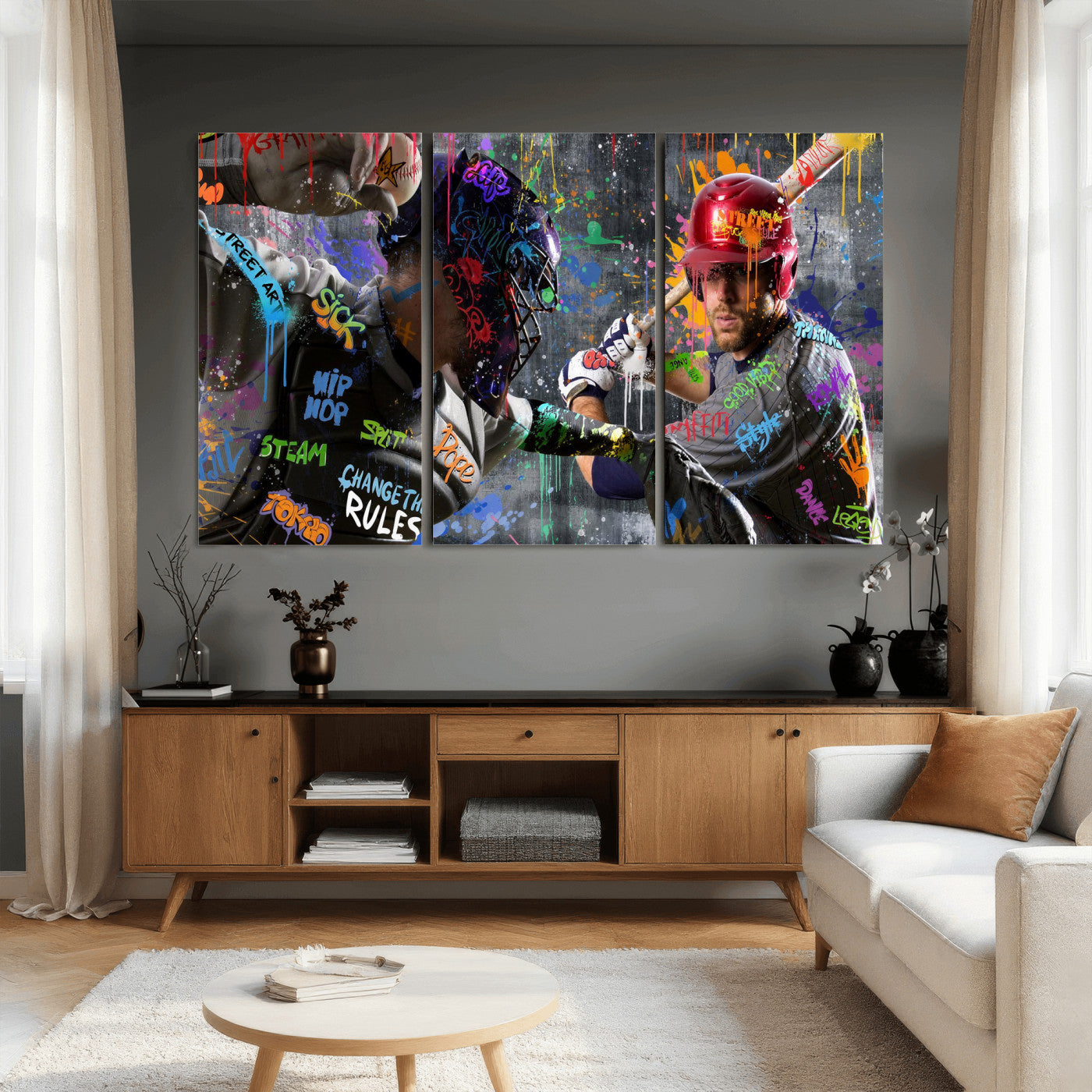 19634994-MGV-CV-36X24 - Graffiti Baseball Player Street Art Wall Art Canvas Print, Urban Sports Pop Art Baseball Canvas Print, Modern Athletic Graffiti Contemporary Art Printing