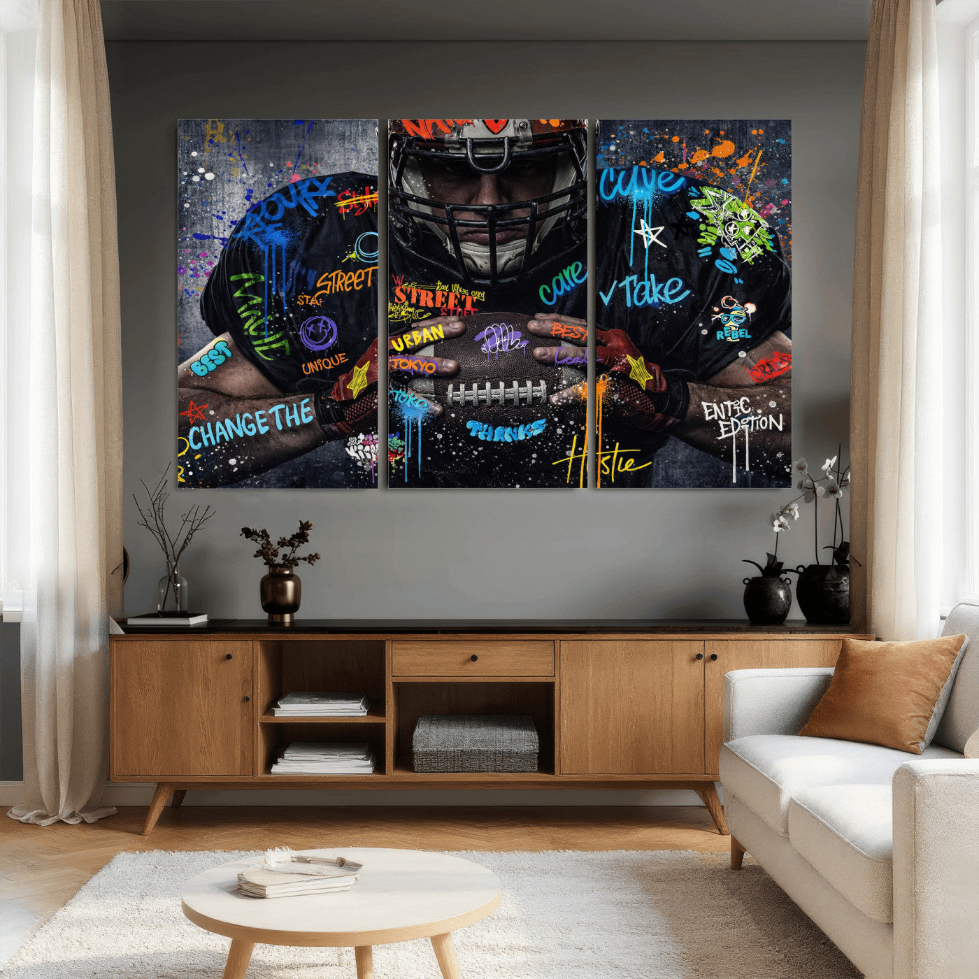 55267256-MGV-CV-36X24 - Graffiti American Football Player Street Art Wall Art Canvas Print, Urban Sports Pop Art Football Canvas Print, Modern Athletic Graffiti Contemporary Art Printing