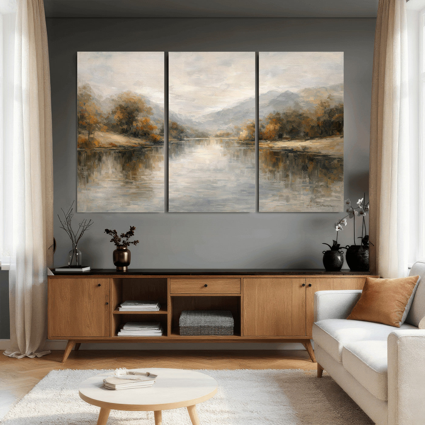 29251761-MGV-CV-36X24 - Neutral Abstract River Landscape Wall Art Canvas Print, Modern Minimal Nature Reflection Canvas Print, Beige Gray Contemporary Mountain Art Printing