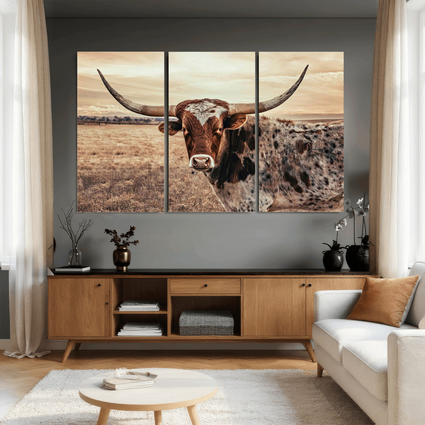 55805825-MGV-CV-36X24 - Texas Longhorn Wall Art Canvas Print – Western Cattle Ranch Artwork for Rustic Farmhouse Decor