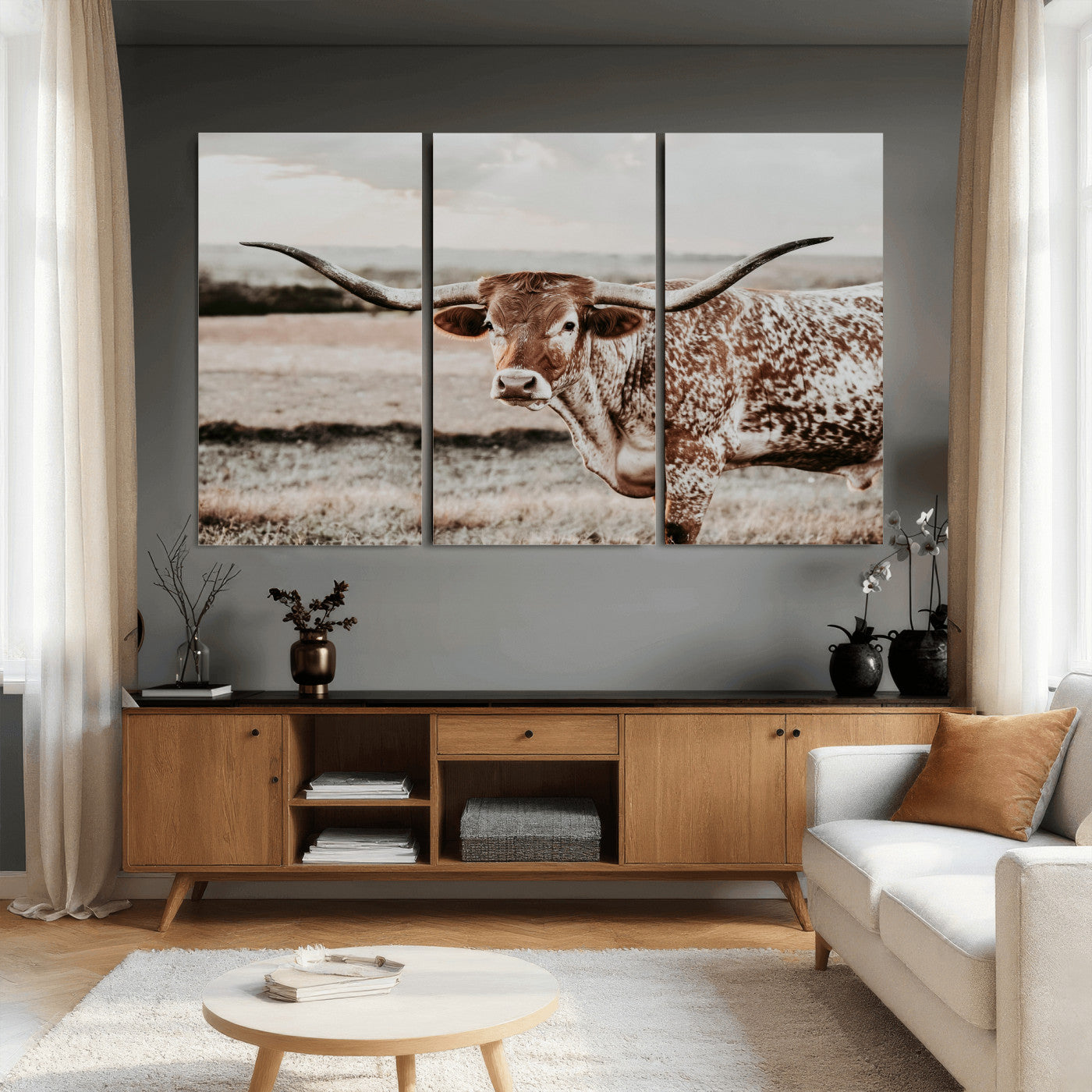 73897046-MGV-CV-36X24 - Texas Longhorn Bull Rustic Wall Art Canvas Print, Western Cattle Photography Canvas Print, Ranch Farm Animal Western Art Printing