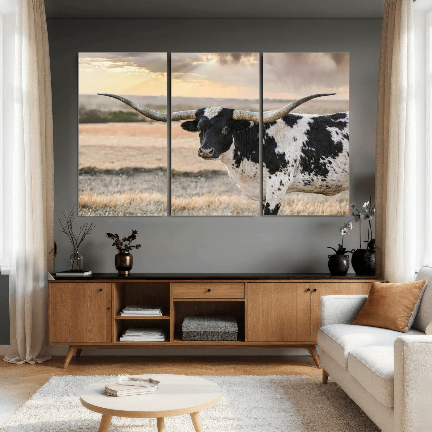 49350433-MGV-CV-36X24 - Texas Longhorn Bull Rustic Wall Art Canvas Print, Western Cattle Photography Canvas Print, Ranch Farm Animal Western Art Printing