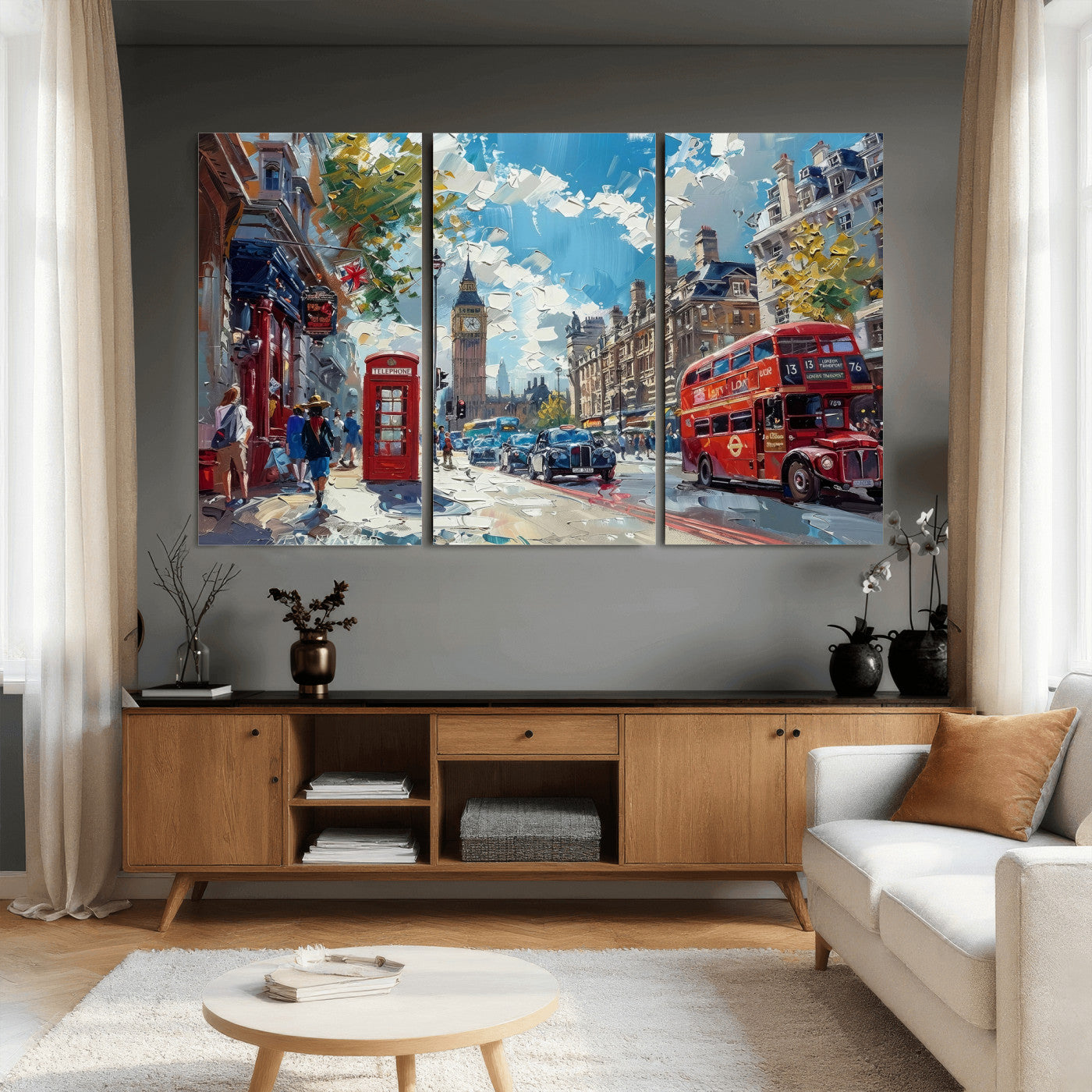 17630888-MGV-CV-36X24 - Modern London City Street Wall Art Canvas Print, Big Ben & Red Bus Artwork Canvas Print