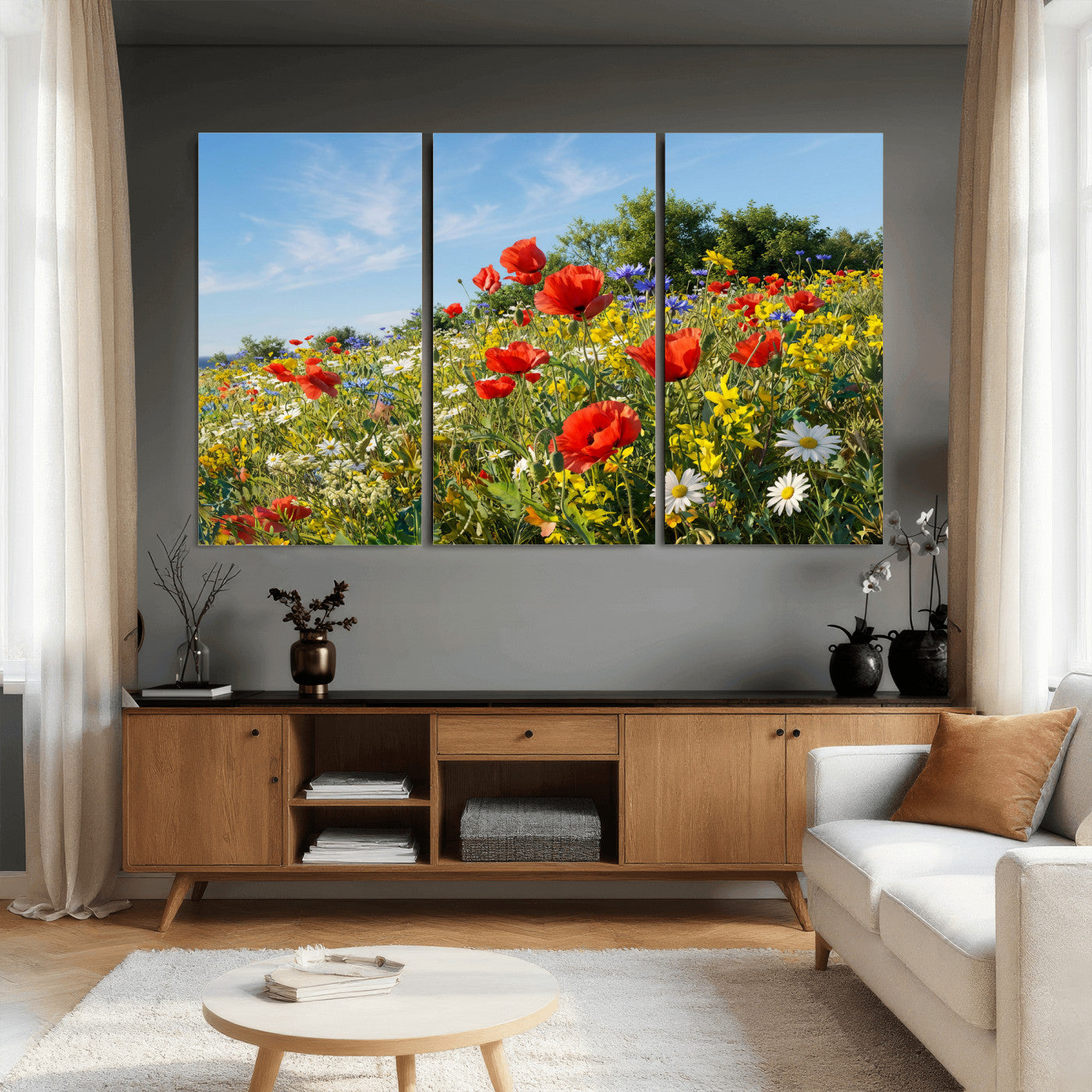 38570784-MGV-CV-36X24 - Wildflower Meadow Wall Art Canvas Print – Colorful Poppy and Daisy Field Landscape Artwork for Living Room Decor