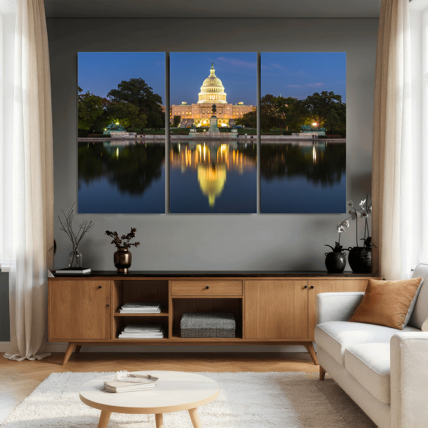 95568590-MGV-CV-36X24 - US Capitol Building Wall Art Canvas Print – Washington DC Landmark Night Reflection Artwork for Office Decor