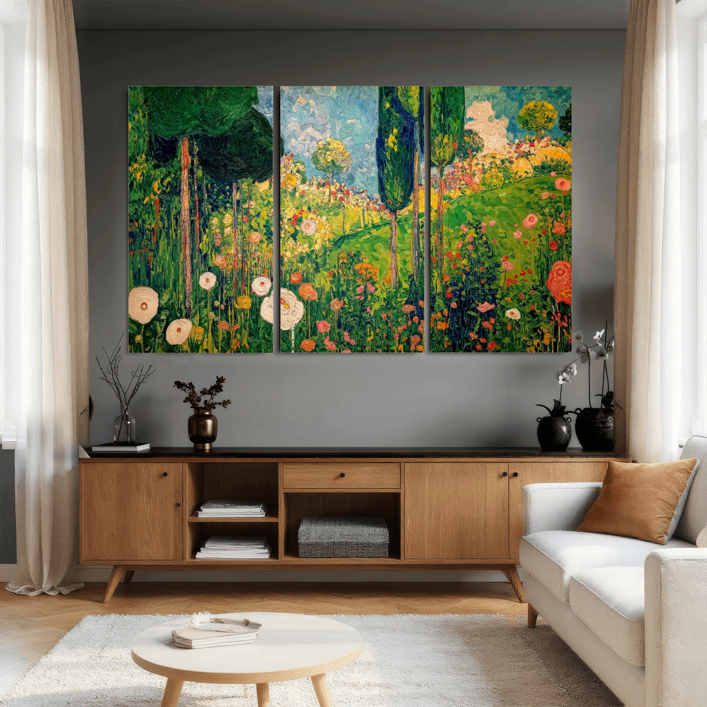 83517974-MGV-CV-36X24 - Gustav Klimt Boho Mountain Landscape Large Wall Art, Horizontal Gold Framed Canvas Print with Sun and Flowers