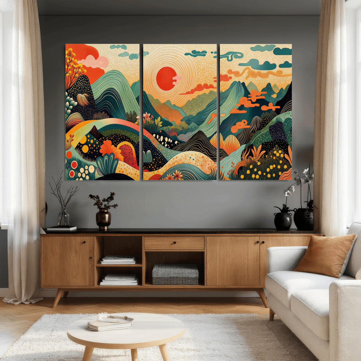 29927191-MGV-CV-36X24 - Yayoi Kusama Boho Mountain Landscape Large Wall Art, Horizontal Gold Framed Canvas Print with Sun and Flowers