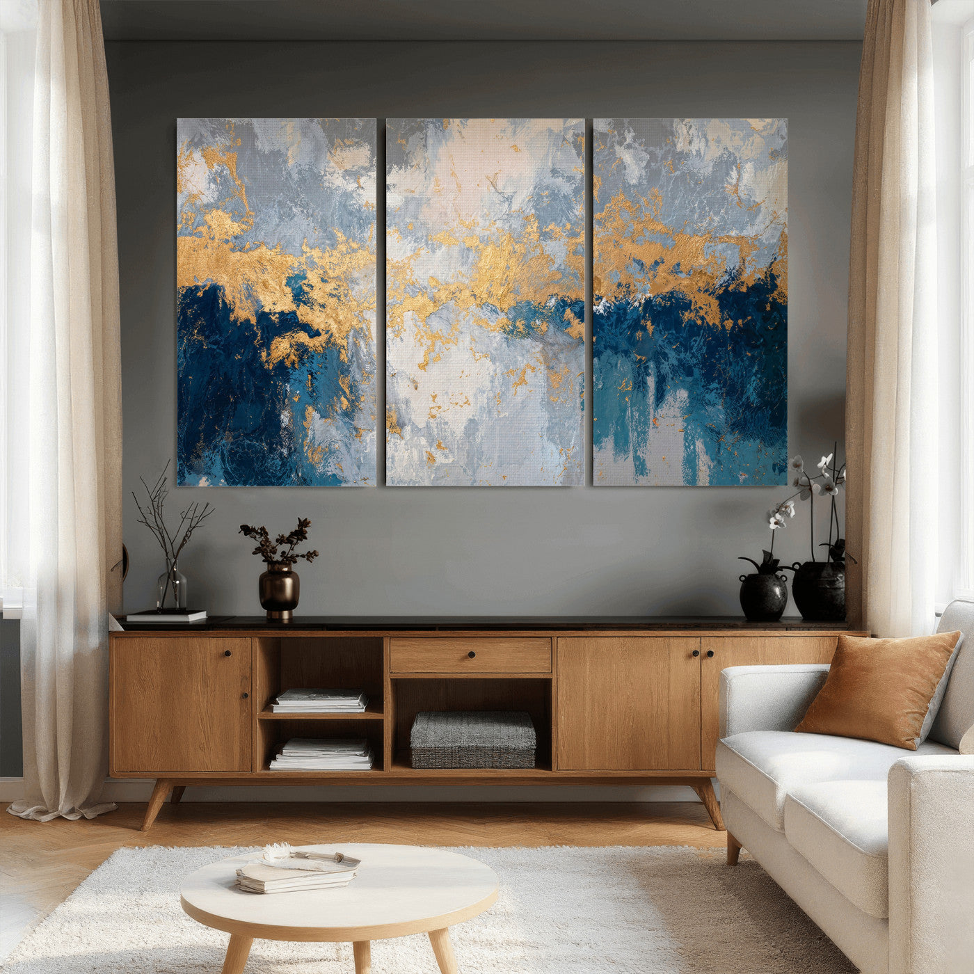 65386119-MGV-CV-36X24 - Blue Gold Abstract Large Framed Canvas Wall Art, Modern Luxury Painting Print in Horizontal Oversized Minimal Wall Decor Artwork