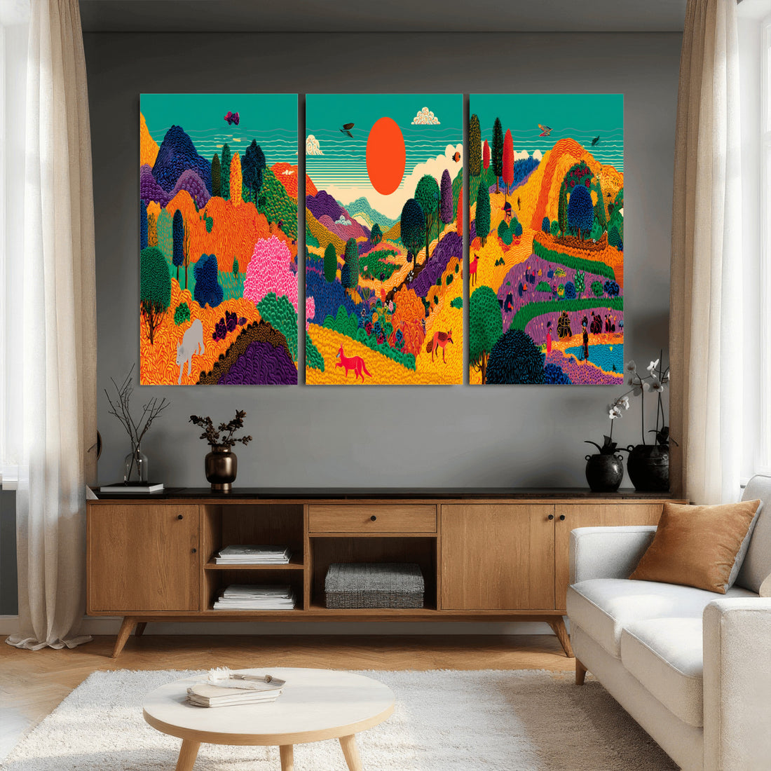 Colorful Japanese Landscape Print: Maximalist Panoramic Wall Art