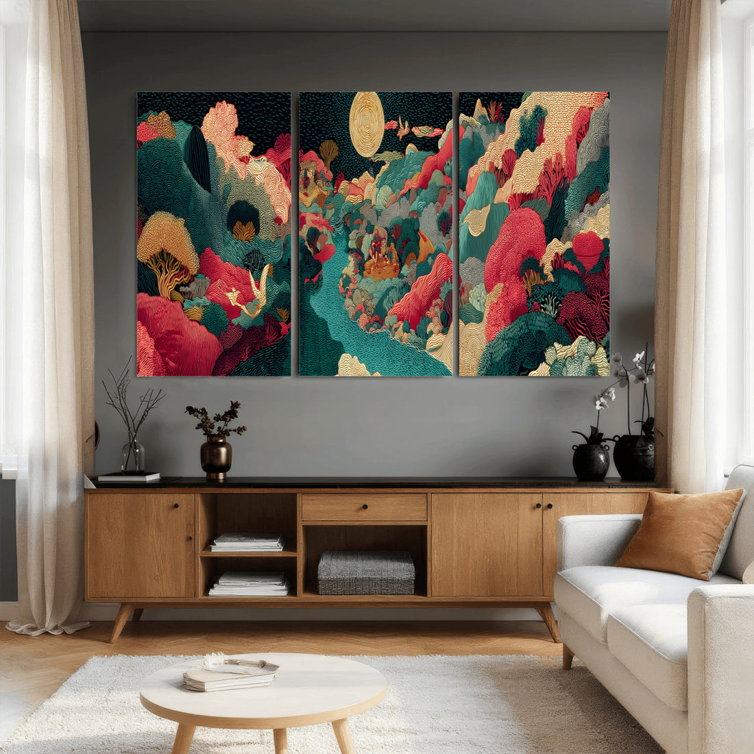 Colorful Japanese Landscape Print: Maximalist Panoramic Wall Art
