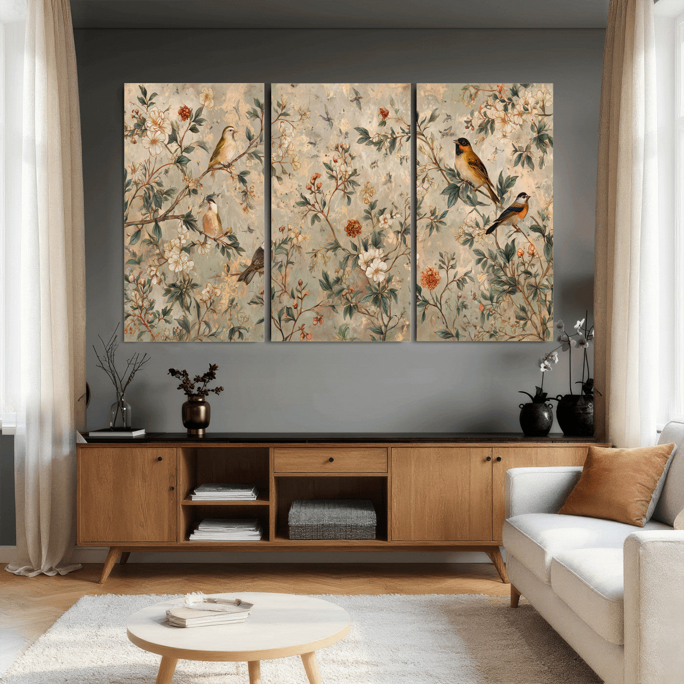 76588438-MGV-CV-36X24 - Vintage Birds and Flowers Wall Art Canvas Print, Botanical Bird Painting Canvas Print, Floral Garden Bird Artwork Canvas Print, Classic Bird Flower Painting Canvas Print
