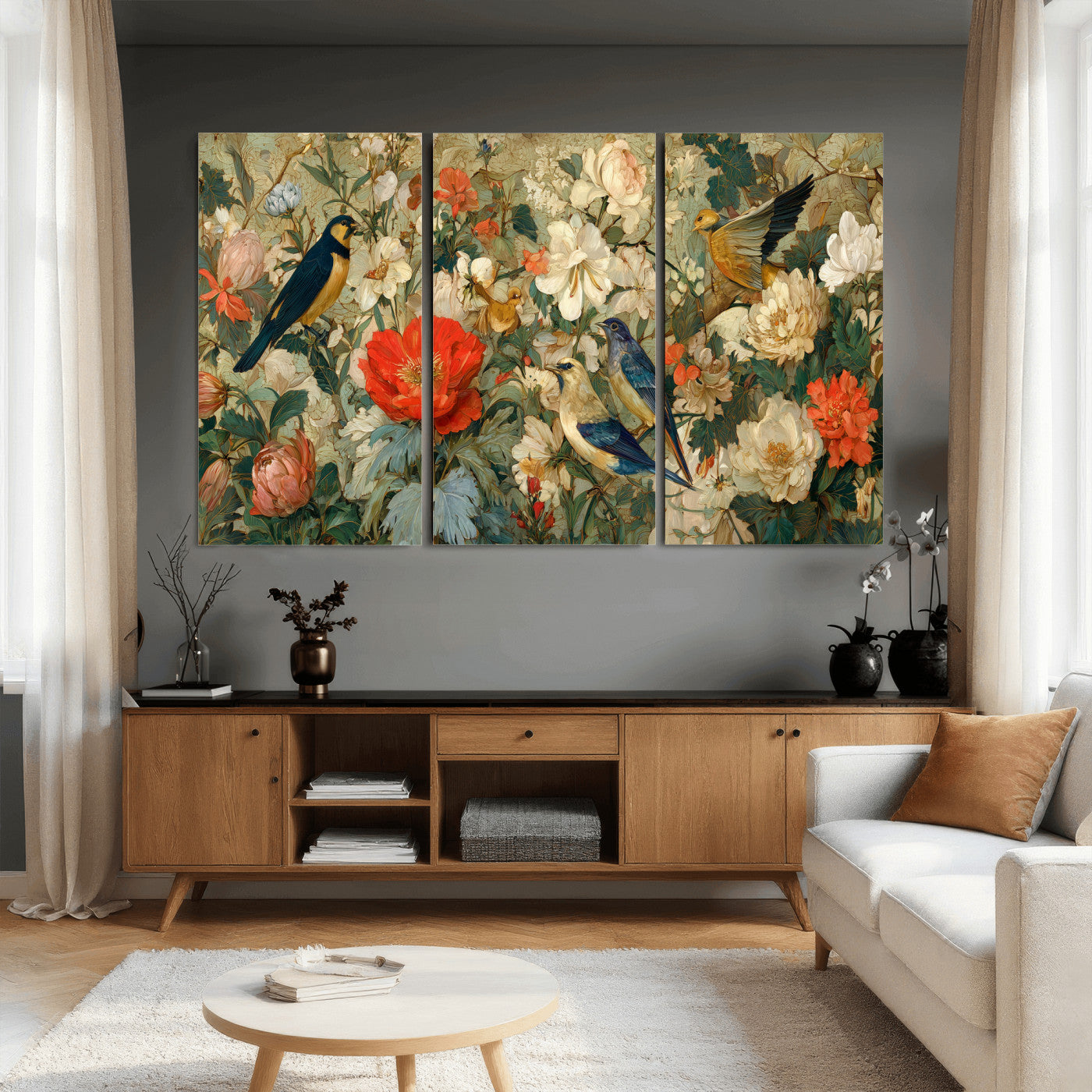52904757-MGV-CV-36X24 - Vintage Birds and Flowers Wall Art Canvas Print, Botanical Bird Painting Canvas Print, Floral Garden Bird Artwork Canvas Print, Classic Bird Flower Painting Canvas Print