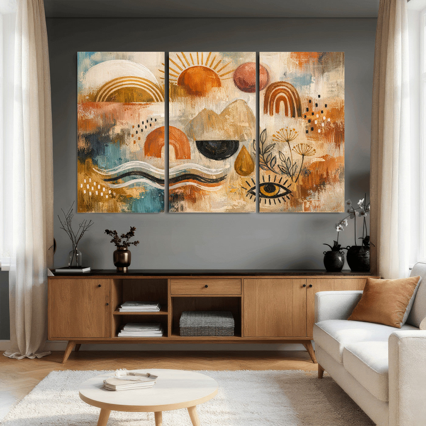52155239-MGV-CV-36X24 - Geometric Boho Abstract Wall Art Canvas Print, Orange Blue Abstract Expressionist Painting Print, Modern Geometric Abstract Canvas Art