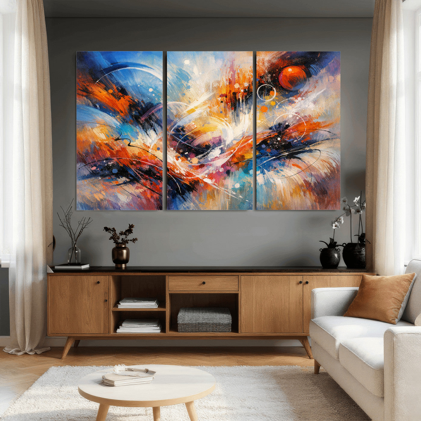 47770355-MGV-CV-36X24 - Geometric Abstract Wall Art Canvas Print, Orange Blue Abstract Expressionist Painting Print, Modern Geometric Abstract Canvas Art