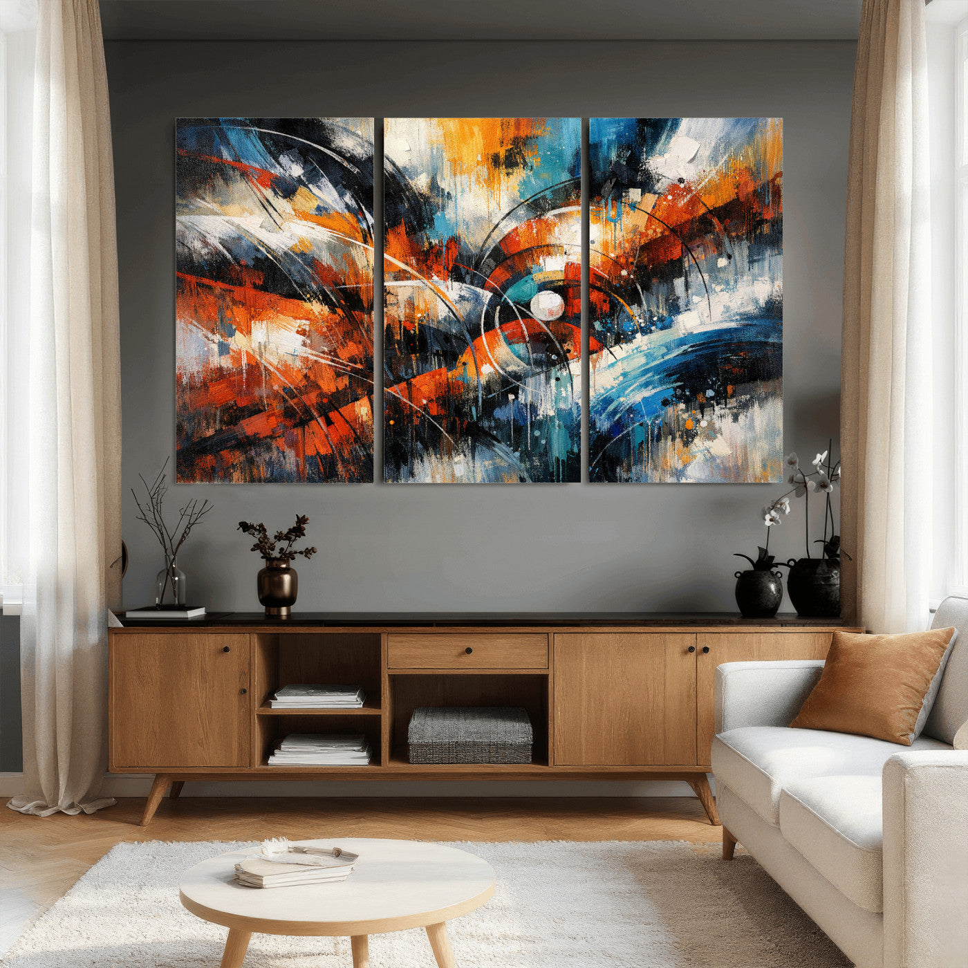 47120691-MGV-CV-36X24 - Geometric Abstract Wall Art Canvas Print, Orange Blue Abstract Expressionist Painting Print, Modern Geometric Abstract Canvas Art