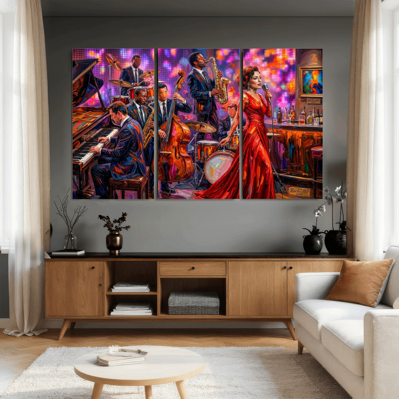 620930J20-MGV-CV-36X24 - Jazz Band Canvas Wall Art — Jazz Club Singer Saxophone Print | Music Wall Decor | Bar Restaurant Art | Music Lover Gift | Jazz Home Decor