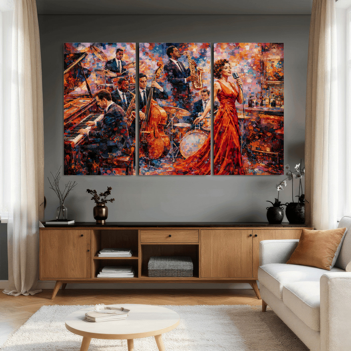 620930SF20-MGV-CV-36X24 - Jazz Band Canvas Wall Art — Jazz Club Singer Saxophone Print | Music Wall Decor | Bar Restaurant Art | Music Lover Gift | Jazz Home Decor