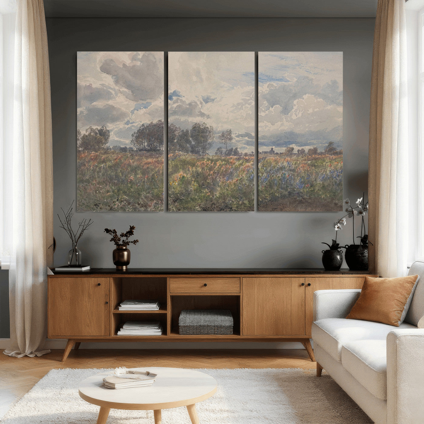 76626885-MGV-CV-36X24 - Vintage Watercolor Meadow Canvas Wall Art — English Pastoral Wildflower Storm Sky Print | Cottagecore Nature Decor | Classic Landscape Gift