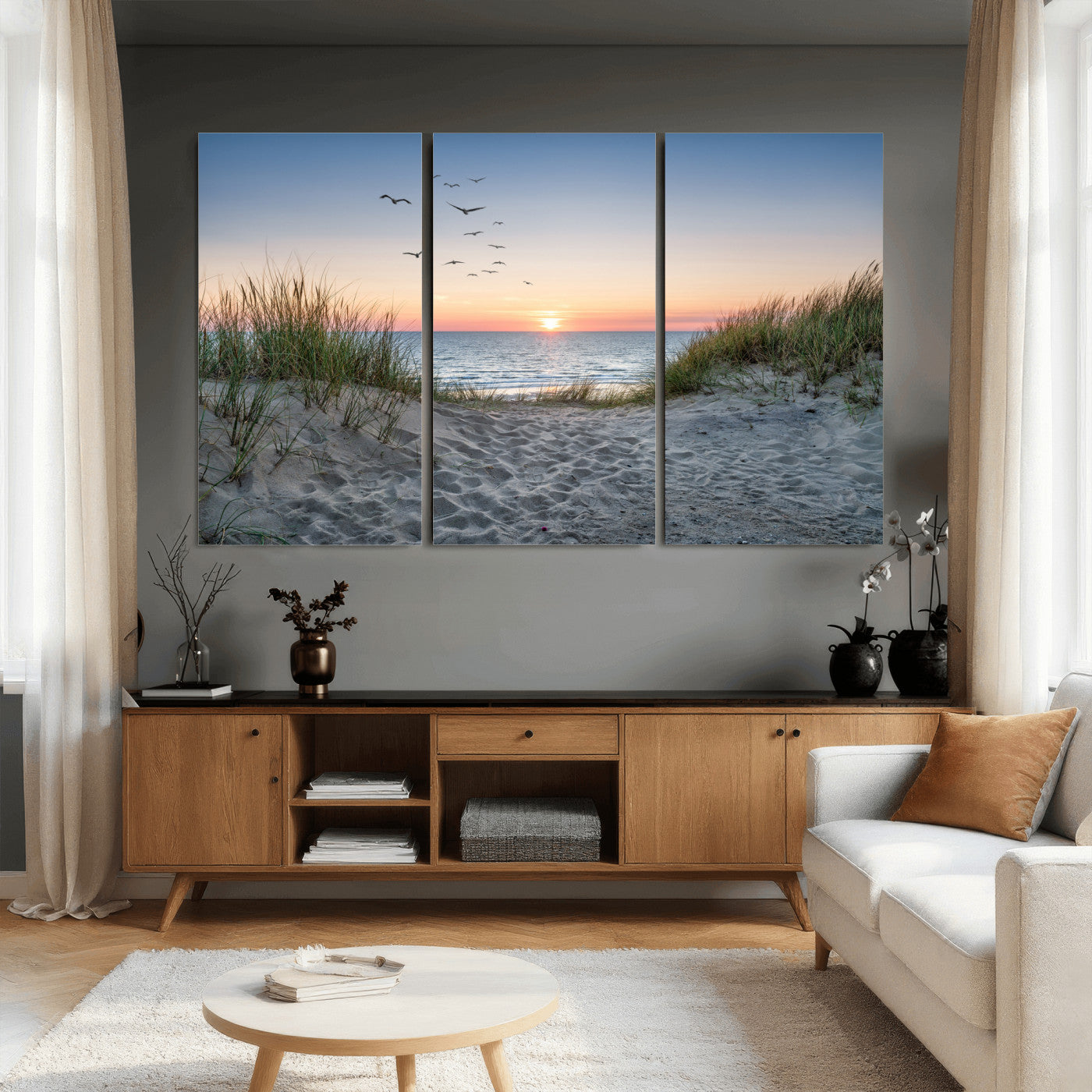 12172032-MGV-CV-36X24 - Sandy Dune Path Sunset Canvas Wall Art — Seagulls Beach Ocean Photography Print | Coastal Home Decor | Nautical Wall Art | Beach House Gift