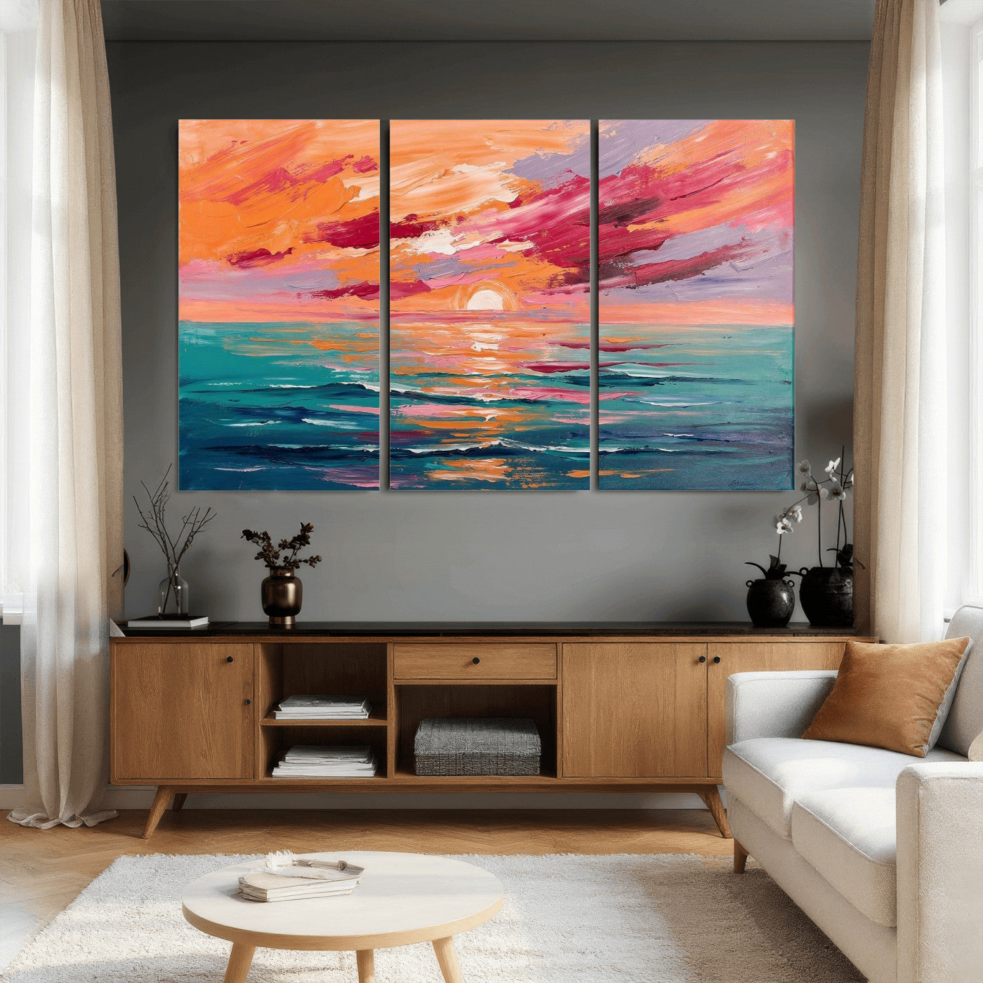 26763902-MGV-CV-36X24 - Bold Palette Knife Ocean Sunset Canvas — Orange Pink Teal Expressionist Sea Print | Colorful Coastal Wall Art | Vibrant Beach Decor Gift