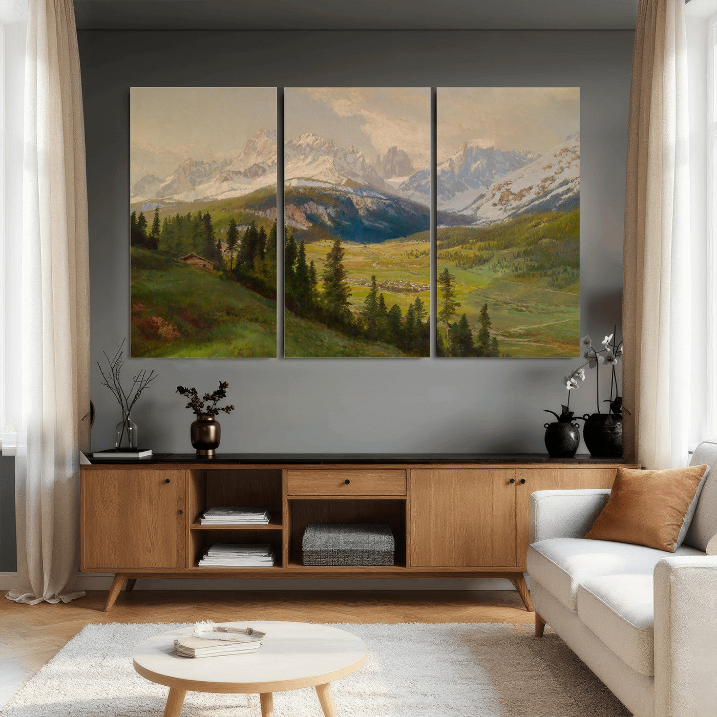 23120262-MGV-CV-36X24 - Konrad Petrides Sexten Village Canvas Print, Alpine Mountain Valley Painting, Dolomites Landscape Art