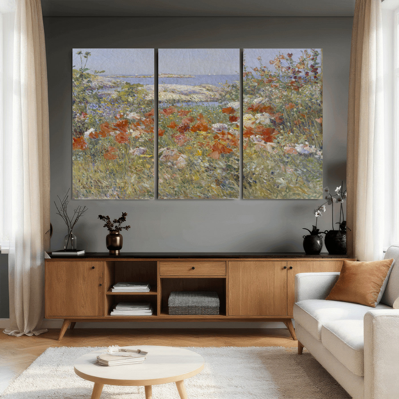 54770907-MGV-CV-36X24 - Childe Hassam Celia Thaxter Garden Canvas — 1890 American Impressionist Poppy Floral Print | Isles of Shoals Coastal Art | Classic Gift