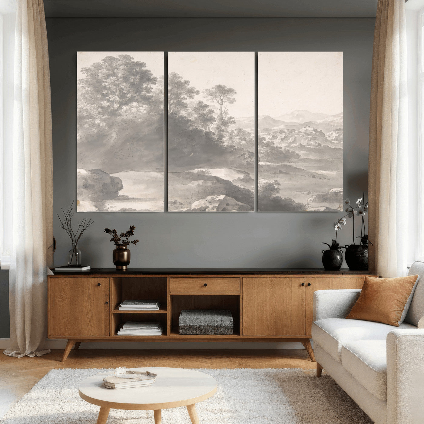 33041209-MGV-CV-36X24 - Van Poelenburch Landscape Canvas Wall Art — Dutch Golden Age Gray Wash Drawing Print | Baroque Italianate Nature Decor | Old Master Classic Gift