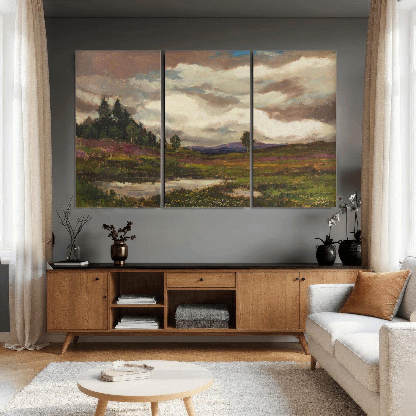 96795851-MGV-CV-36X24 - Gustav Macoun Heathland Canvas Print, Czech Landscape Oil Painting Reproduction, Purple Heather Moorland Art, Vintage European Nature Decor