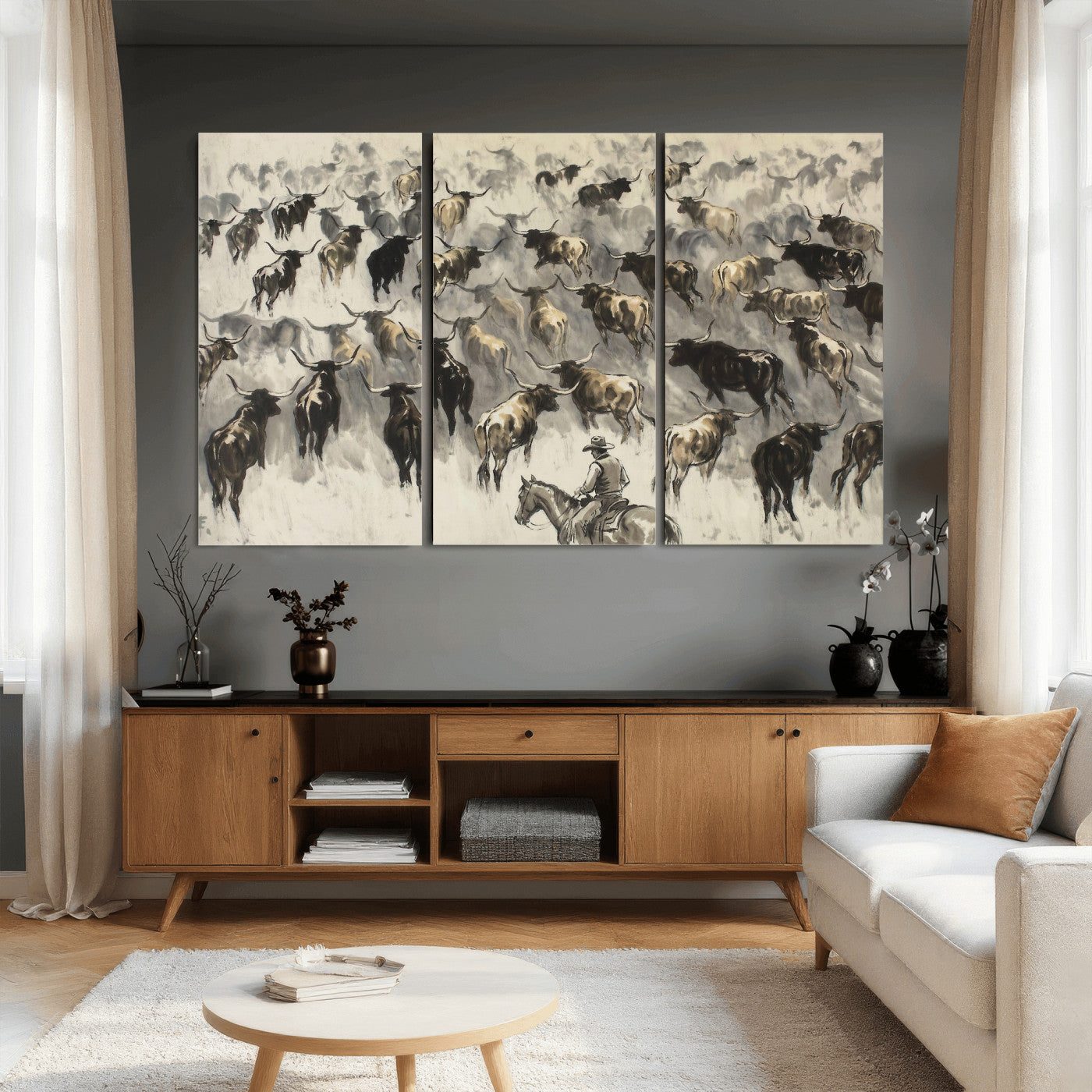 48049876-MGV-CV-36X24 - Cowboy Cattle Drive Canvas Wall Art, Western Longhorn Herd Ink Painting Print, Ranch Rodeo Decor, Black White Western Art, Large Living Room Art