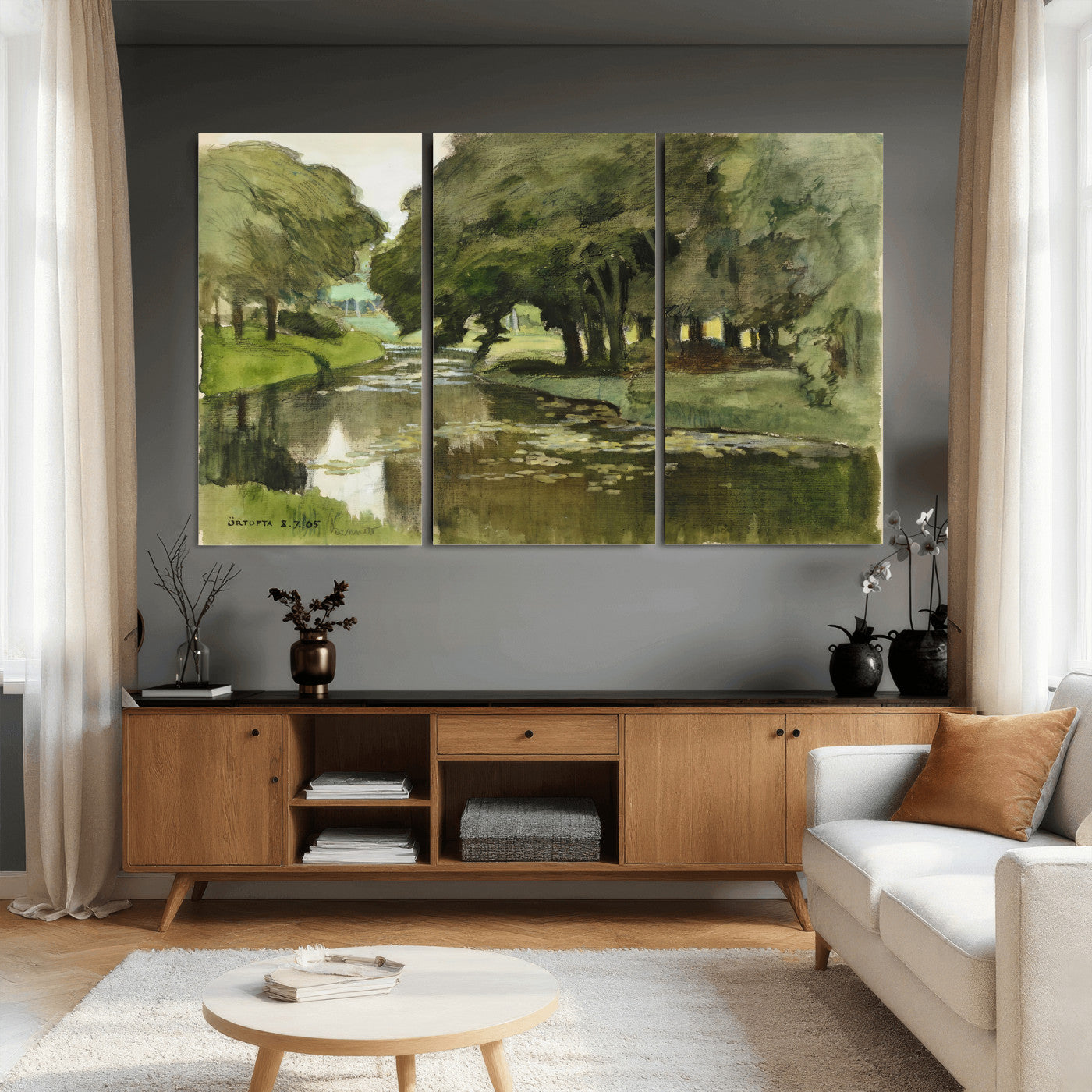 54446767-MGV-CV-36X24 - Anders Zorn Watercolor Canvas Print, Örtofta 1905 Swedish River Landscape, Impressionist Nature Art, Scandinavian Wall Decor, Plein Air Painting Print