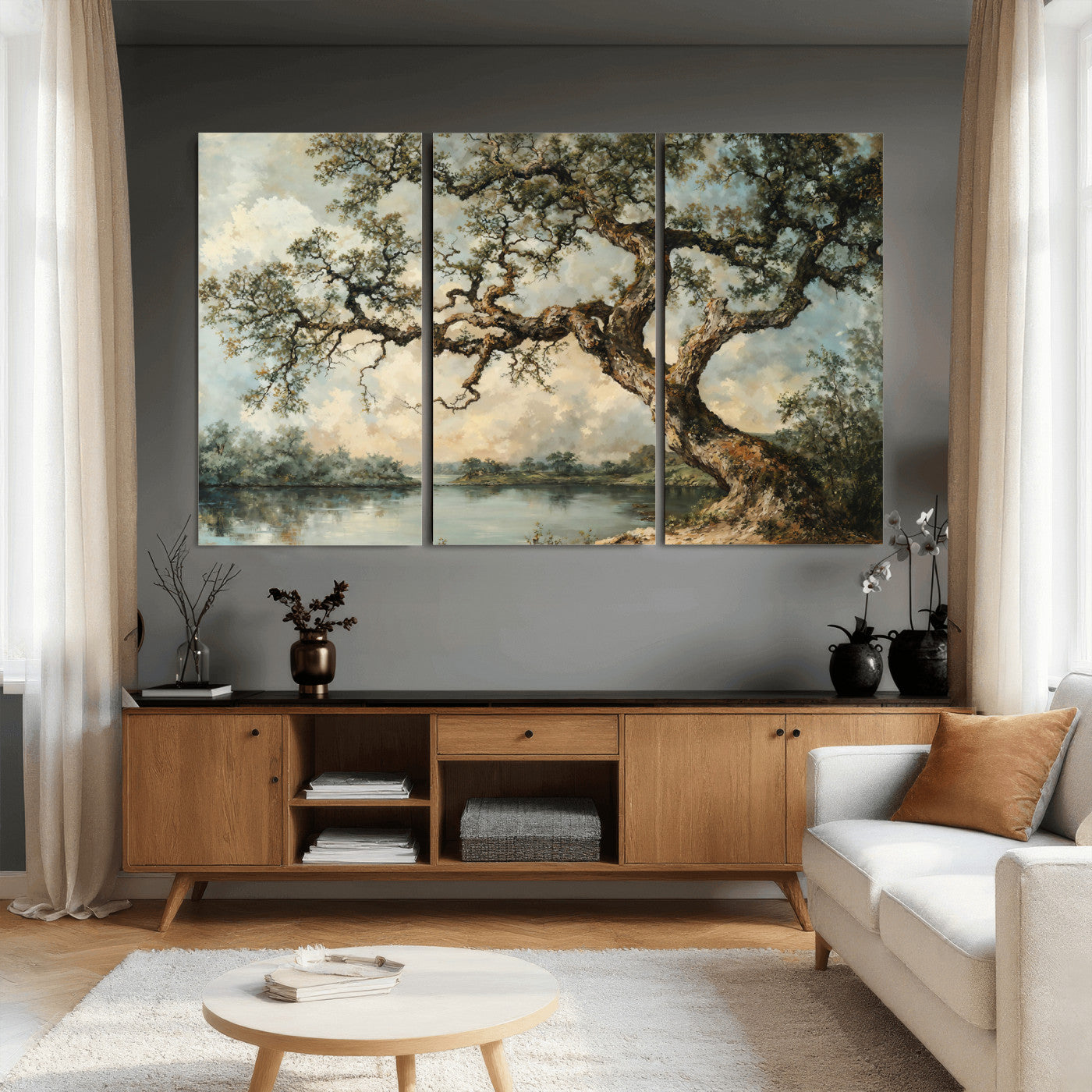 63857726-MGV-CV-36X24 - Old Oak Tree Canvas Wall Art, Turner Inspired Romantic Landscape Print, Vintage Nature Painting, Living Room Wall Decor, Antique Style Tree Art