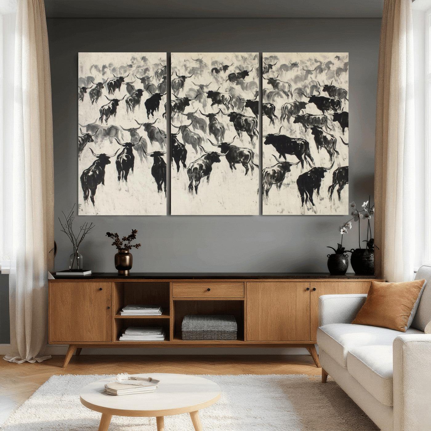 68669792-MGV-CV-36X24 - Longhorn Cattle Canvas Wall Art, Black White Stampede Ink Painting Print, Western Farmhouse Decor, Bull Herd Art, Large Living Room Wall Art, Ranch Home Decor